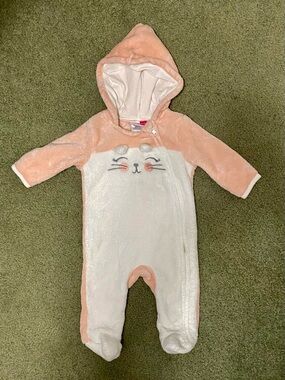 Penelope Mack Peach & White Plush Hooded Baby One-Piece with Cat Face